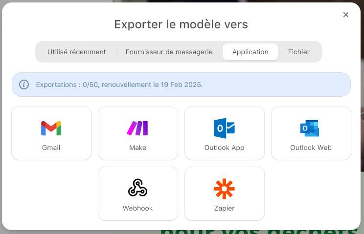 export modèle email outlook app